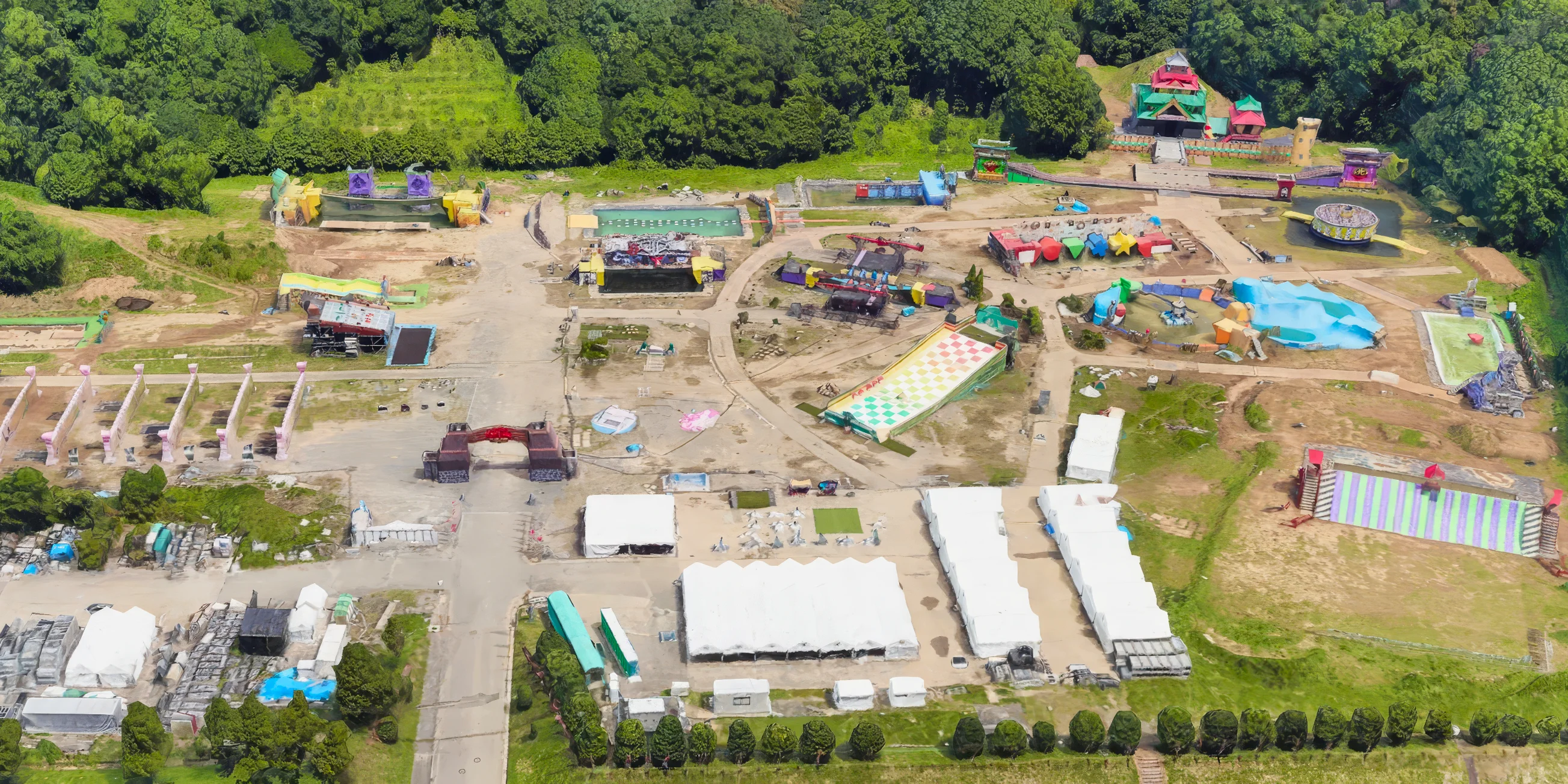 An aerial view of Midoriyama Studios during the filming of the Takeshi's Castle revival series in 2022, with multiple games constructed in the backlot